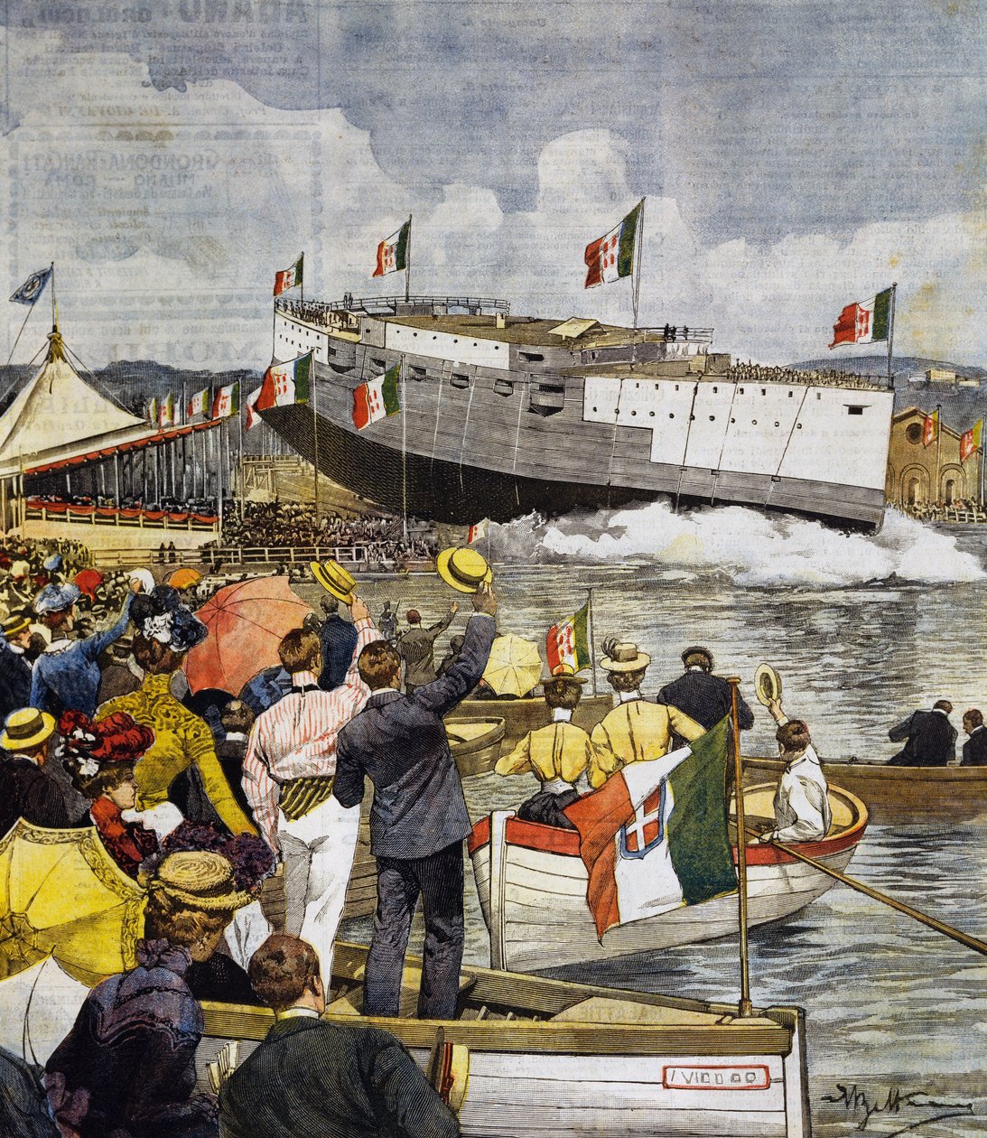 Taistelulaiva Regina Margherita laukaisu La Speziassa, paneeli Achille Beltrame (1871-1945), La Domenica del Corriere, 9. kesäkuuta tekijältä Achille Beltrame