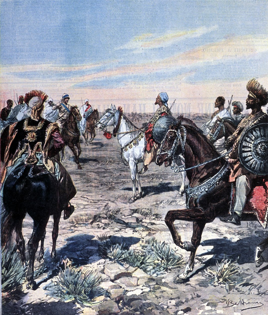Kapteeni Mozzetti Ras Makosen (Mekonnen Welde Mikael) (Abba Qagnew) (1852-1906) leirillä Etiopiassa. Beltramen kuvitus. Domenica del corriere. 1899. tekijältä Achille Beltrame