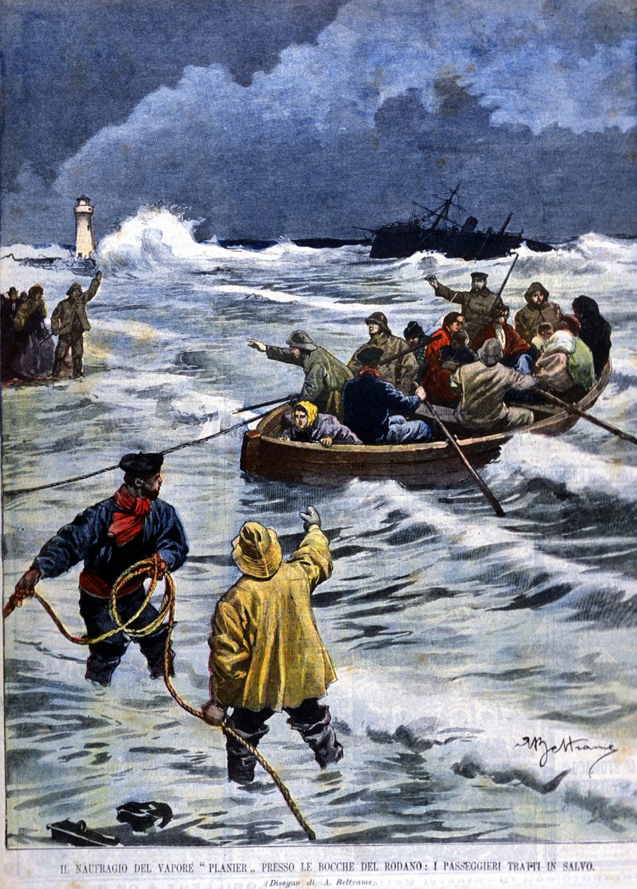 Planier-höyrylaivan uppoaminen lähellä Bouches du Rhônea: pelastuspalvelu toi matkustajat takaisin. Kuva Beltramesta. La Domenica del corriere. 1901. tekijältä Achille Beltrame