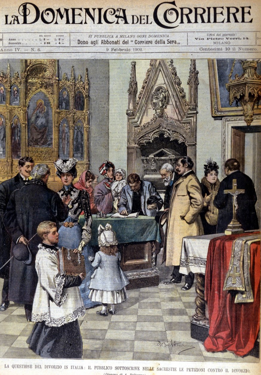 Avioeroongelma Italiassa: väestö allekirjoittaa avioeroa vastaan ​​vetoomuksia sakristeissa. Kuva Beltramesta. La Domenica del corriere. 9.2.1902 tekijältä Achille Beltrame
