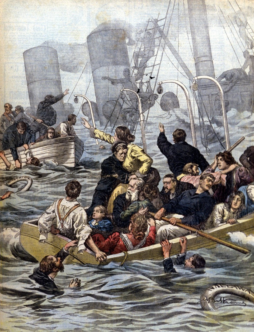 Merenkulun draamoja: Klondiken kullankaivajia ladatun Wallawalla-linja-auton uppoaminen. Kuva Beltramesta. La Domenica del corriere. 1902 tekijältä Achille Beltrame
