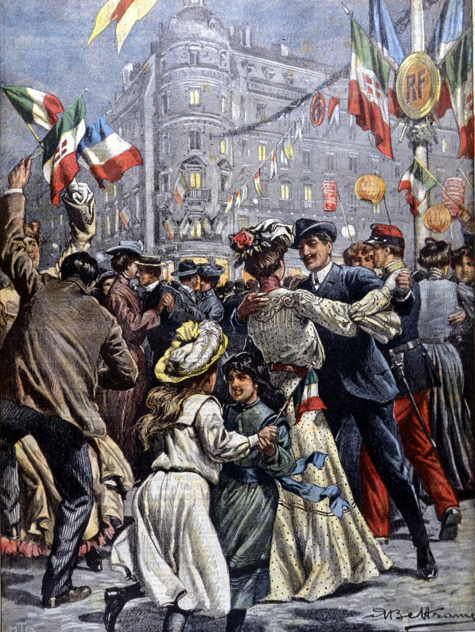 Italian hallitsijat Pariisissa: suosittuja palloja kaduilla. Kuva Beltramesta. La Domenica del corriere. 1903. tekijältä Achille Beltrame