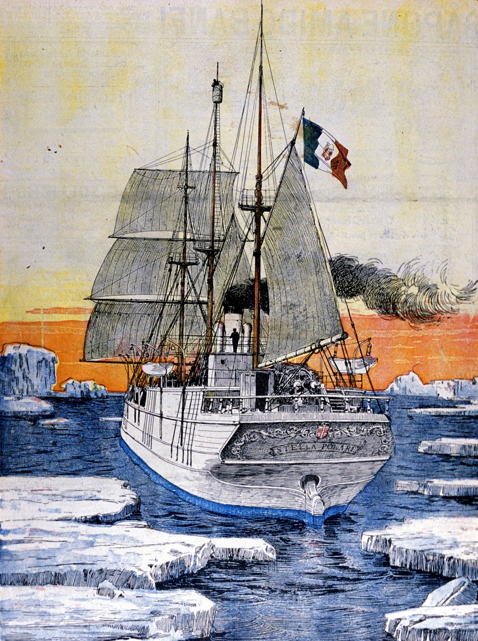 Abruzzon herttua Ludvig Savoylaisen naparetkikunta: Stella polare -vene jäässä. Kuvitus valokuvasta. La Domenica del Corriere. 1899. tekijältä Achille Beltrame
