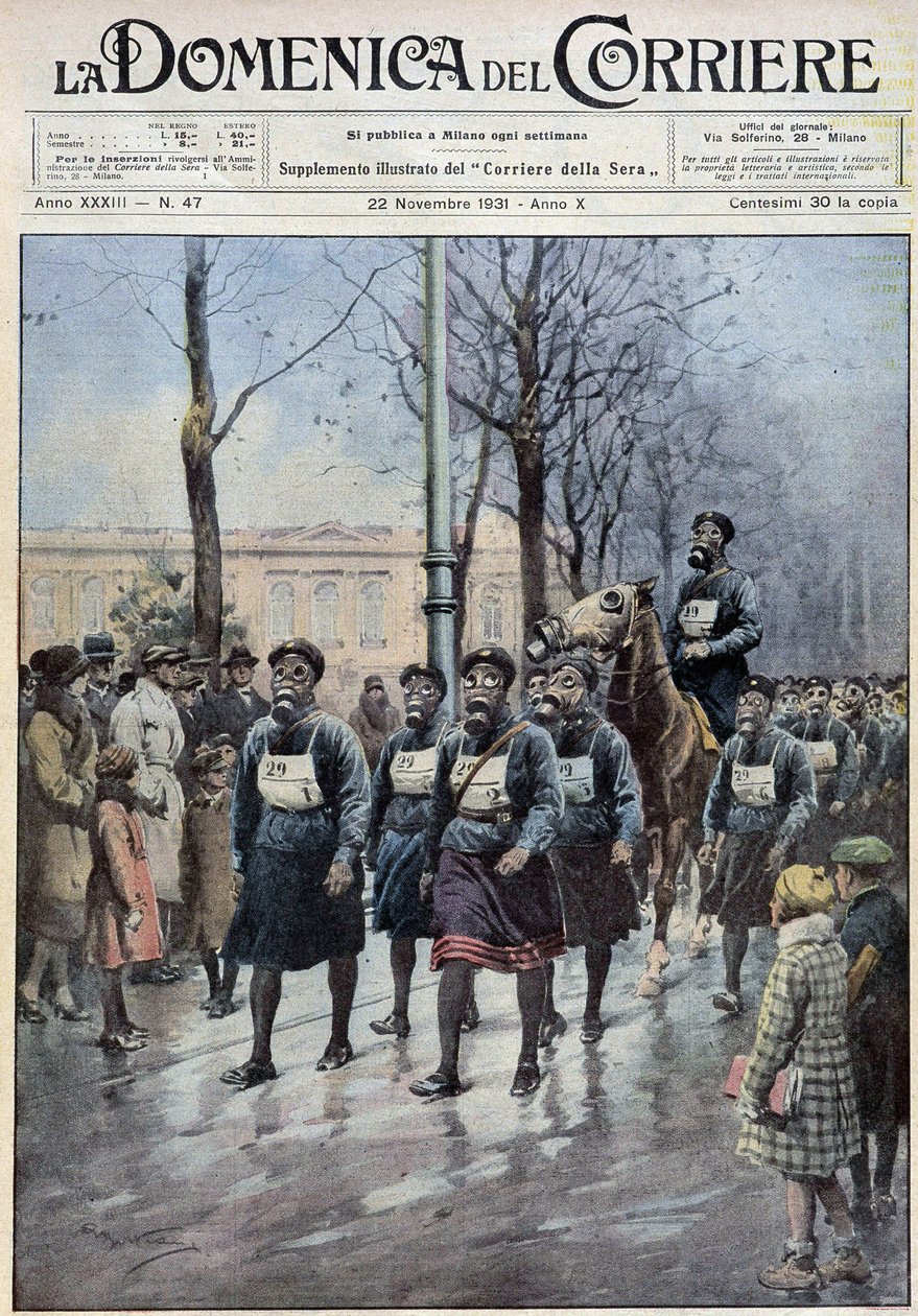 Varsovassa järjestettävä maaliskuu kouluttaakseen väestöä kaasunaamarien käytössä - piirros A. Beltrame, "" la Domenica del Corriere"" 22.11.1931 tekijältä Achille Beltrame