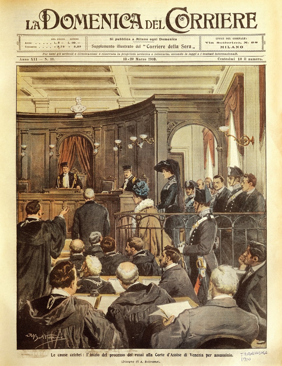 Maria Tarnowska oikeudenkäynnissä Venetsiassa, kirjoittanut Achille Beltrame, kuvitus, kuvittaja Achille Beltrame (1871-1945), La Domenica del Corrierista tekijältä Achille Beltrame