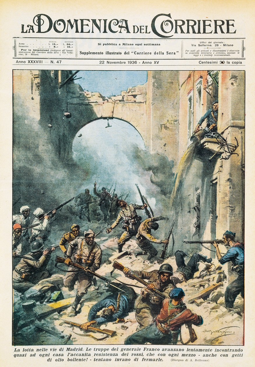 Lähitaistelua Madridin kaduilla Espanjan sisällissodan aikana, Achille Beltrame (1871-1945), La Domenica del Corrieresta, 22. marraskuuta tekijältä Achille Beltrame