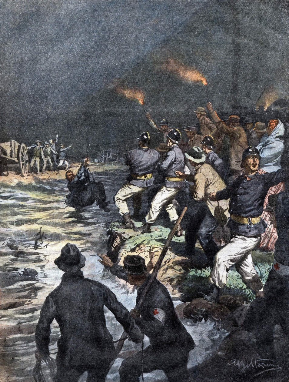 Serio-joen saarella lähellä Bergamoa estettyjen vaunujen ihmepelastus - Kuva Beltramesta "La Domenica del Corrieressa" 10/1909 tekijältä Achille Beltrame