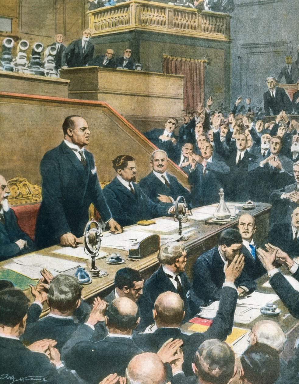 Mussolini ilmoitti neljän länsivallan välisestä liitosta senaatille, Achille Beltramen (1871-1945) La Domenica del Corrieresta, 7. kesäkuuta tekijältä Achille Beltrame