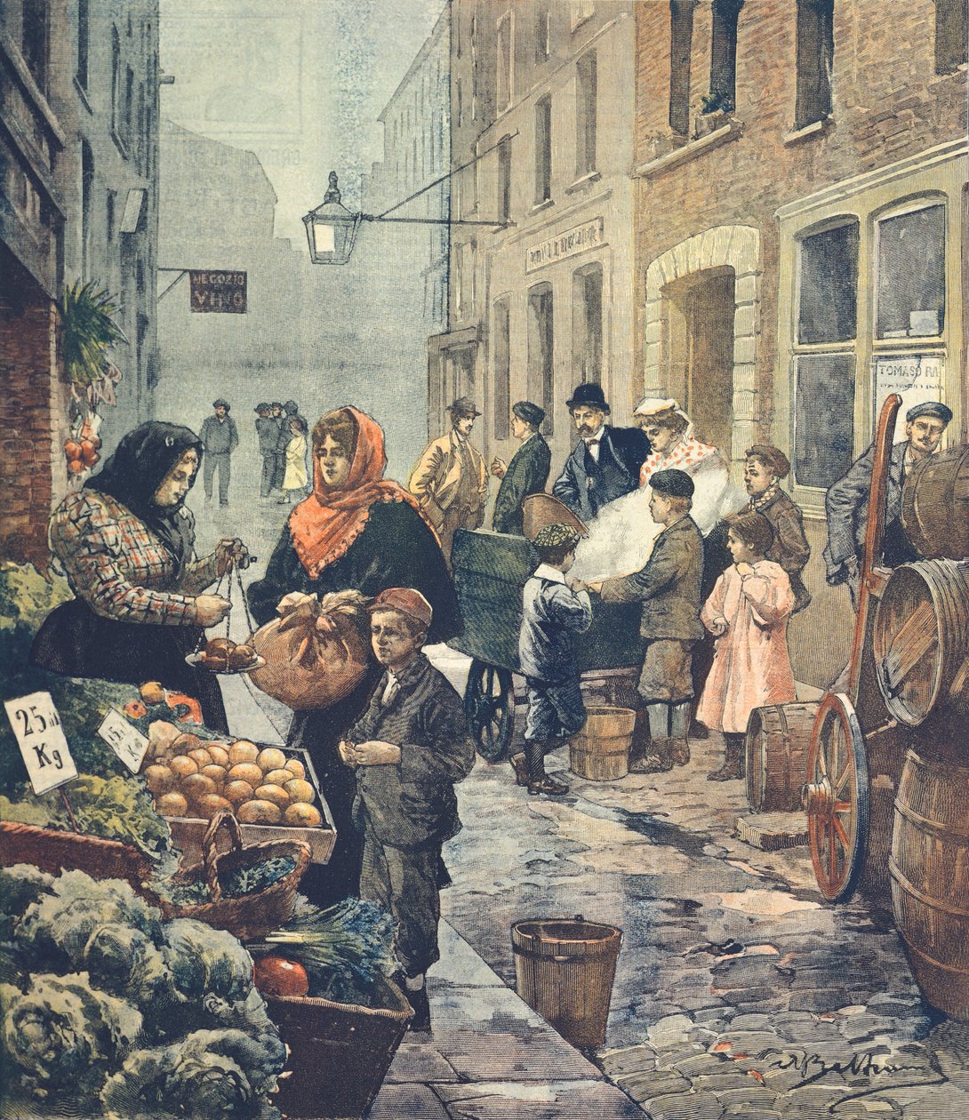 Yksi italialaisen korttelin tunnusomaisimmista kaduista, Soffron Hill, Lontoo, kirjoittanut Achille Beltrame (1871-1945) La Domenica del Corrieresta tekijältä Achille Beltrame