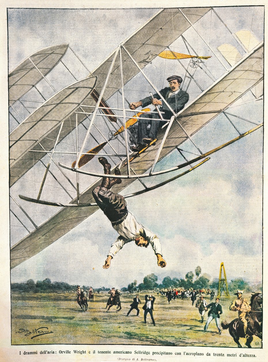 Orville Wright ja luutnantti Seliridge syöksymässä kaksitasolla 30 metristä, Yhdysvallat, kuvitus Achille Beltrame La Domenica del Corrieresta, 11. lokakuuta tekijältä Achille Beltrame