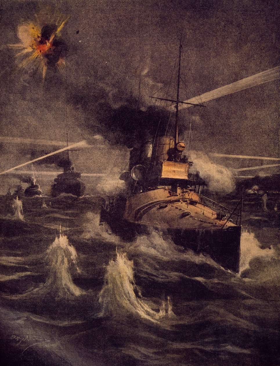 Torpedoveneemme tunkeutumassa Dardanellien salmeen vihollisen tulen alla, Achille Beltrame (1871-1945), kuvitus La Domenica del Corrieresta tekijältä Achille Beltrame