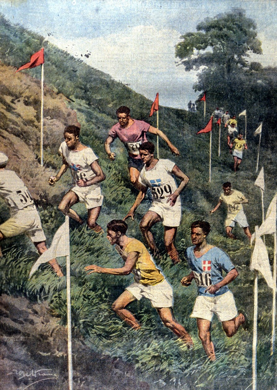 Pariisin olympialaiset: juoksu luonnollisilla esteillä: maastohiihto. Ill. de Beltrame. La Domenica del Corriere tekijältä Achille Beltrame