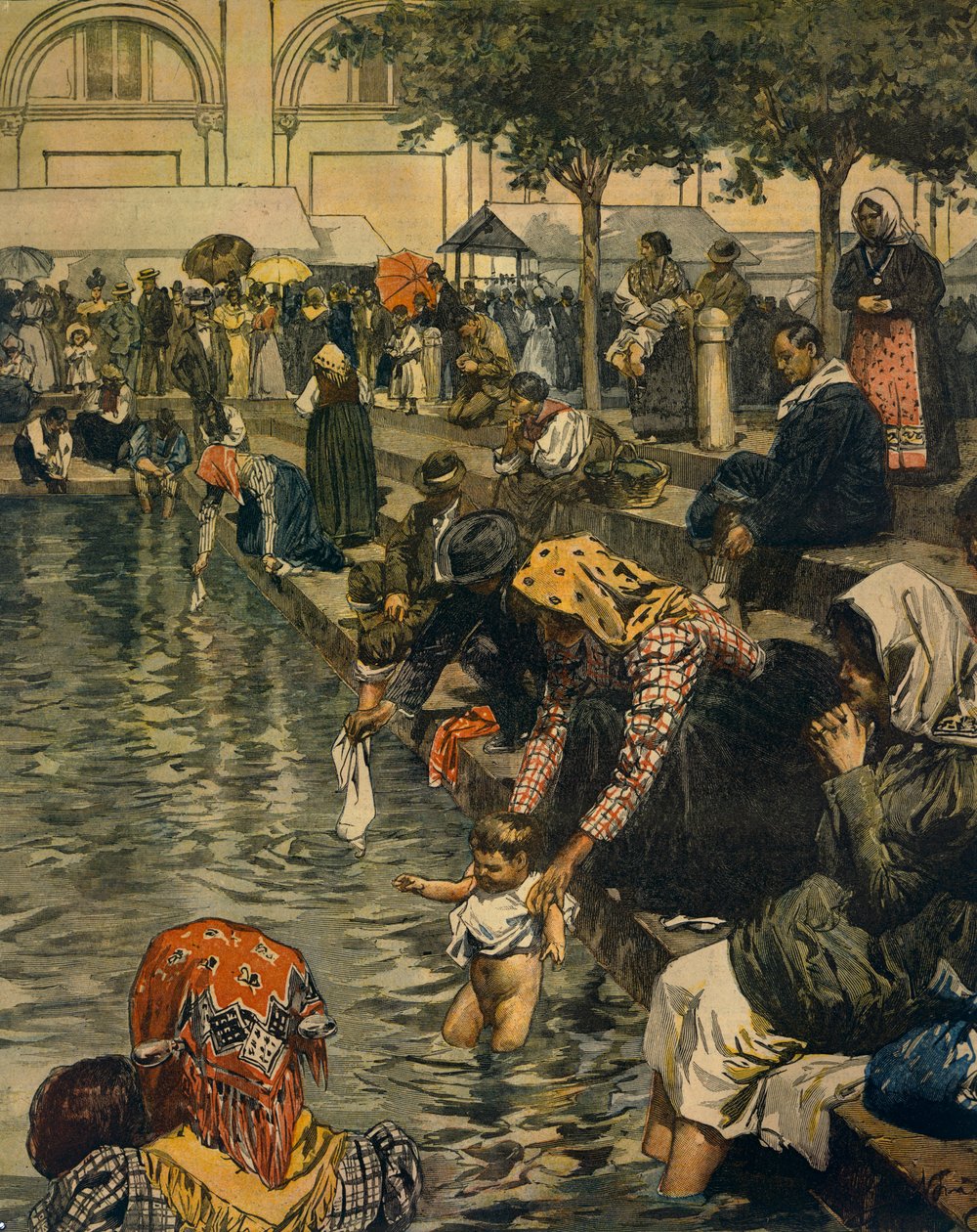 Pyhiinvaellus Caravaggioon: Uiminen ihmeellisessä vedessä, kirjoittanut Achille Beltrame (1871-1945), La Domenica del Corrieresta tekijältä Achille Beltrame