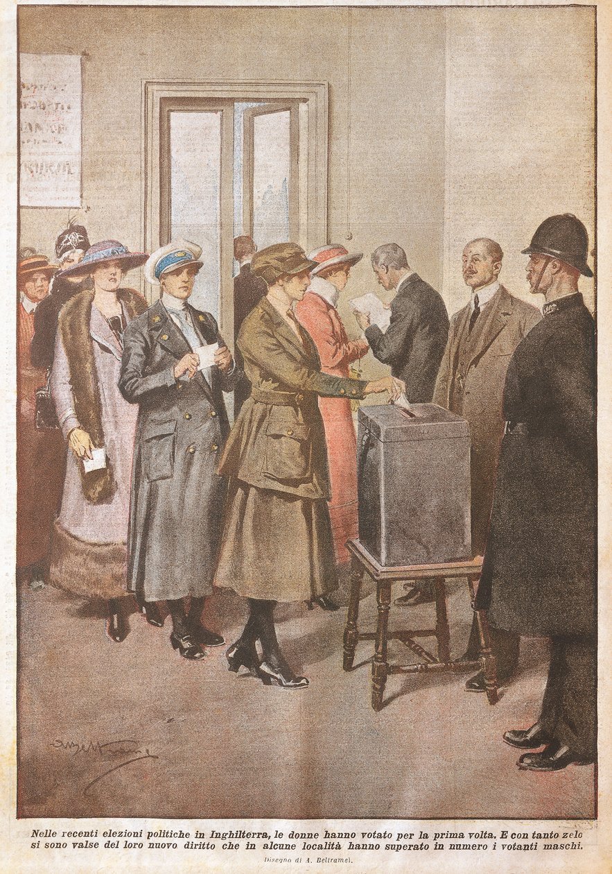 Englannin poliittiset vaalit: Naiset äänestämässä ensimmäistä kertaa, kirjoittanut Achille Beltrame (1871-1945), La Domenica del Corriere, 1900-luku tekijältä Achille Beltrame