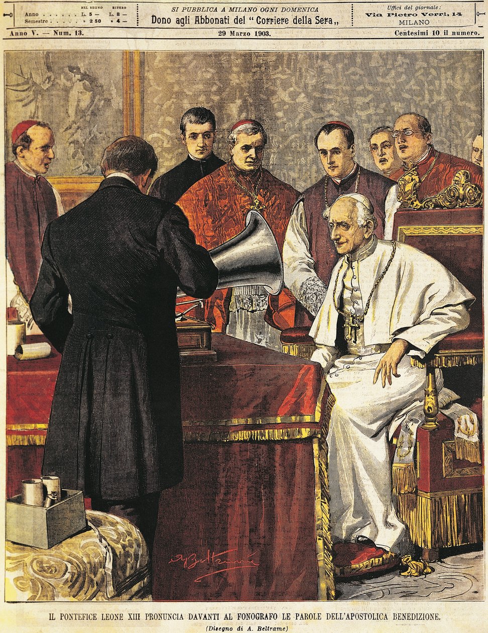 Paavi Leone XIII lukee Achille Beltramen (1871-1945) siunauksen gramofonille La Domenica del Corrieresta, 29. maaliskuuta 1903 tekijältä Achille Beltrame