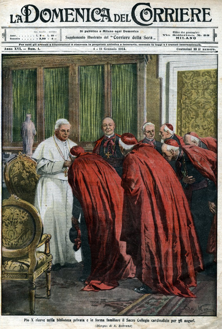 Paavi Pius X vastaanottaa kardinaalit kirjastoonsa uudenvuoden toivotukseksi. Domenica del Corrieren kansi 4. tammikuuta tekijältä Achille Beltrame