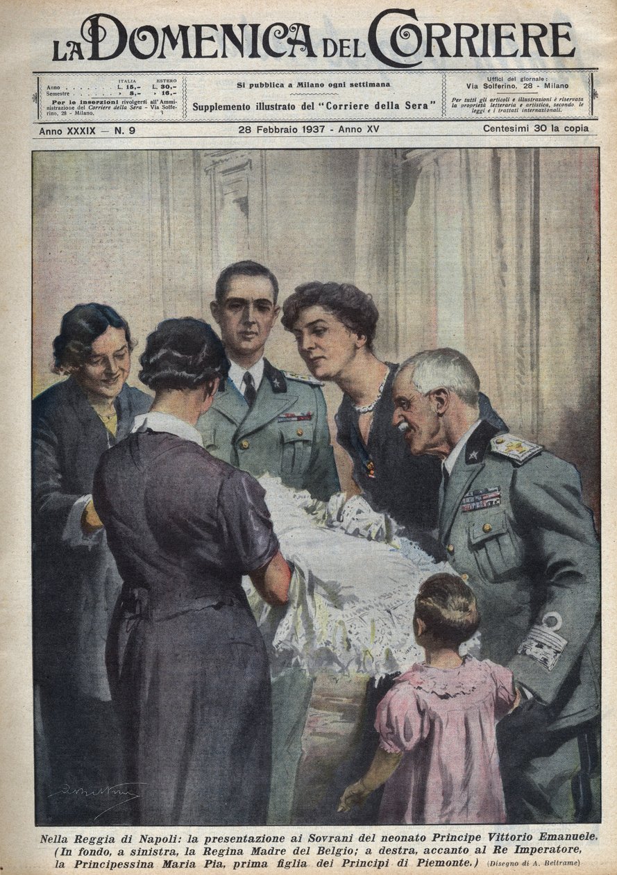 Prinssi Vittorio Emanuele, vauva, esittely hallitsijoille, vasemmalla belgialaisten kuningatar äiti Elisabeth de Baviere (1876-1965), oikealla Victor-Emmanuel (Victor Emmanuel) (Vittorio Emanuele) III Savoysta ja tausta Fathe tekijältä Achille Beltrame