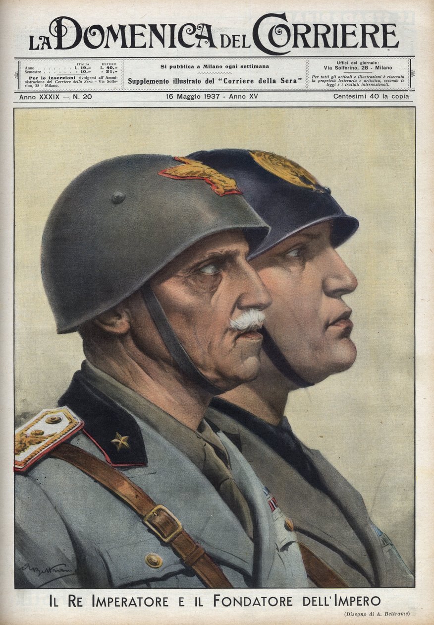 Kuningas Vittorio Emanuele (Victor Emmanuel) III:n ja valtakunnan perustajan herttua Benito Mussolinin profiilit Rooman keisarien tavalla. Kuva Achille Beltramesta teoksessa "La domenica del Corriere" 16.5.1937. tekijältä Achille Beltrame