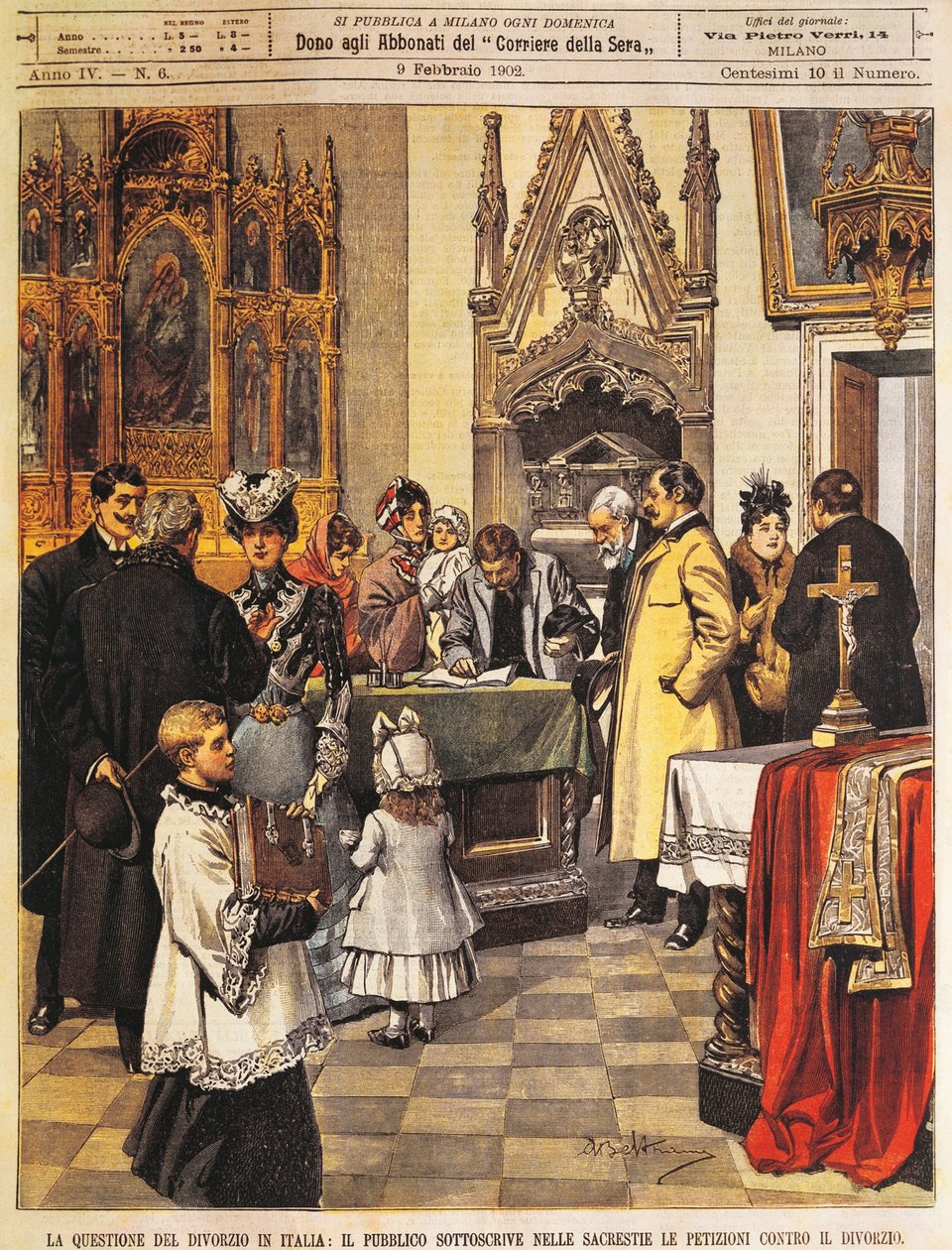 Julkinen allekirjoitus avioeroa vastaan sakristissa, Achille Beltrame, kuvitus, kuvittaja Achille Beltrame (1871-1945), La Domenica del Corrieresta, 9. helmikuuta 1902 tekijältä Achille Beltrame