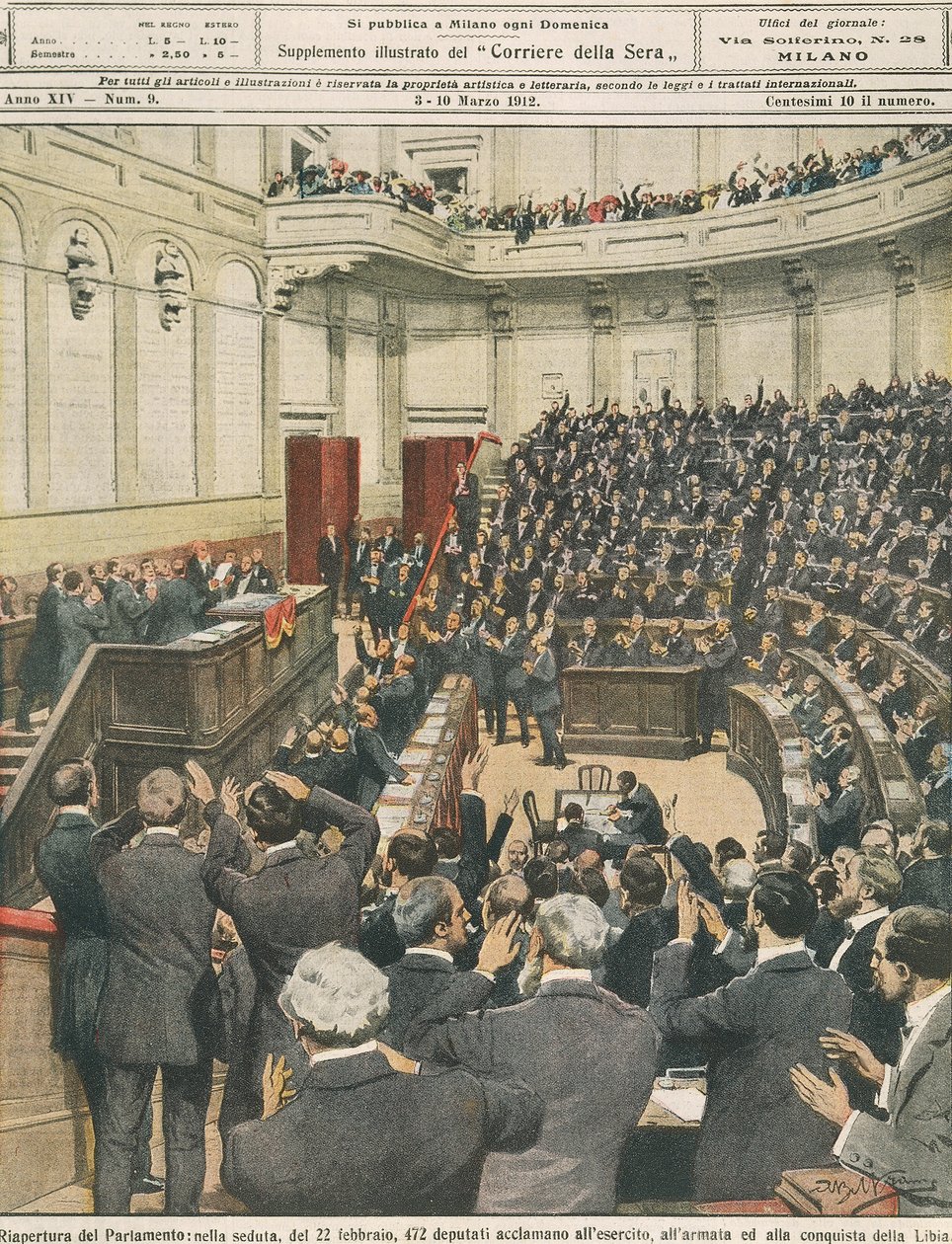 Italian parlamentti avataan uudelleen illalla 22. helmikuuta, armeijan hurraus onnistuneen Libyan-kampanjan jälkeen, Achille Beltrame, kuvitus, kuvittaja Achille Beltrame (1871-1945), La Domenica del Corrieresta, 3. maaliskuuta 1912 tekijältä Achille Beltrame