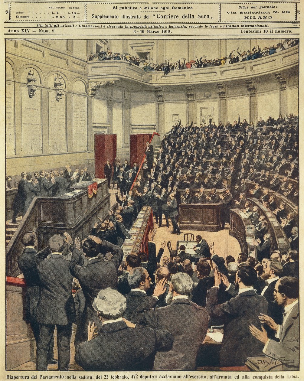 Italian parlamentti avataan uudelleen illalla 22. helmikuuta, armeijan hurraus onnistuneen Libyan-kampanjan jälkeen, Achille Beltrame, kuvitus, kuvittaja Achille Beltrame (1871-1945), La Domenica del Corrieresta, 3. maaliskuuta 1912 tekijältä Achille Beltrame
