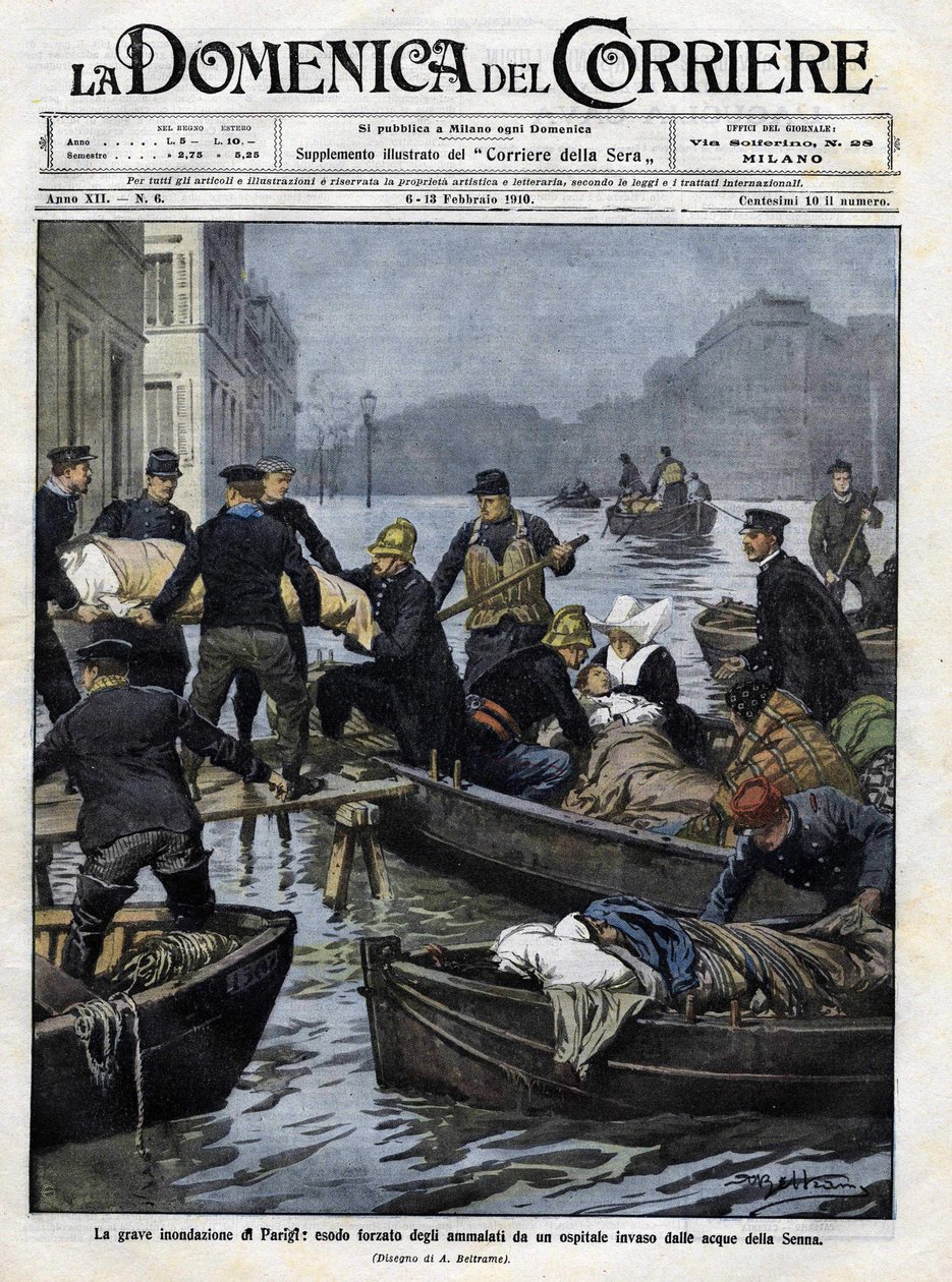 Sairaiden pelastus Pariisissa helmikuun 1910 tulvien aikana. ""domenica del corriere"":n kansi. 13. helmikuuta 1910 Achille Beltramen kuvitus tekijältä Achille Beltrame