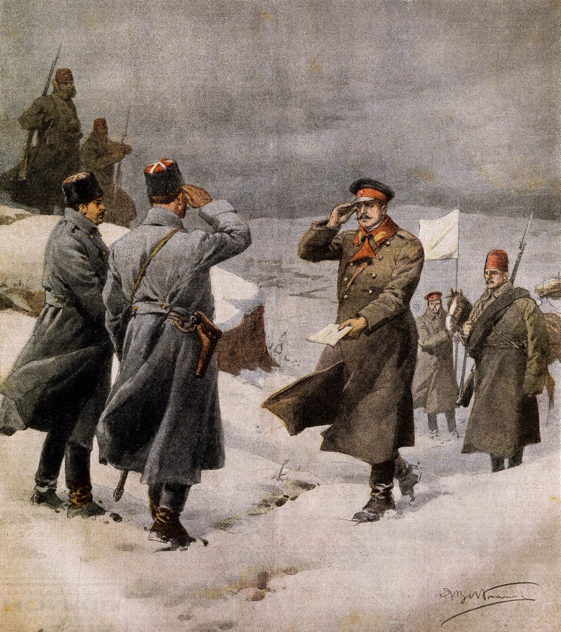 Sodan jatkuminen, turkkilainen parlamentaarikko saapumassa bulgarialaisen leirille kantamassa sanomaa aselevon päättymisestä, Achille Beltrame (1871-1945), kuvitus La Domenica del Corrieresta, 9. helmikuuta tekijältä Achille Beltrame