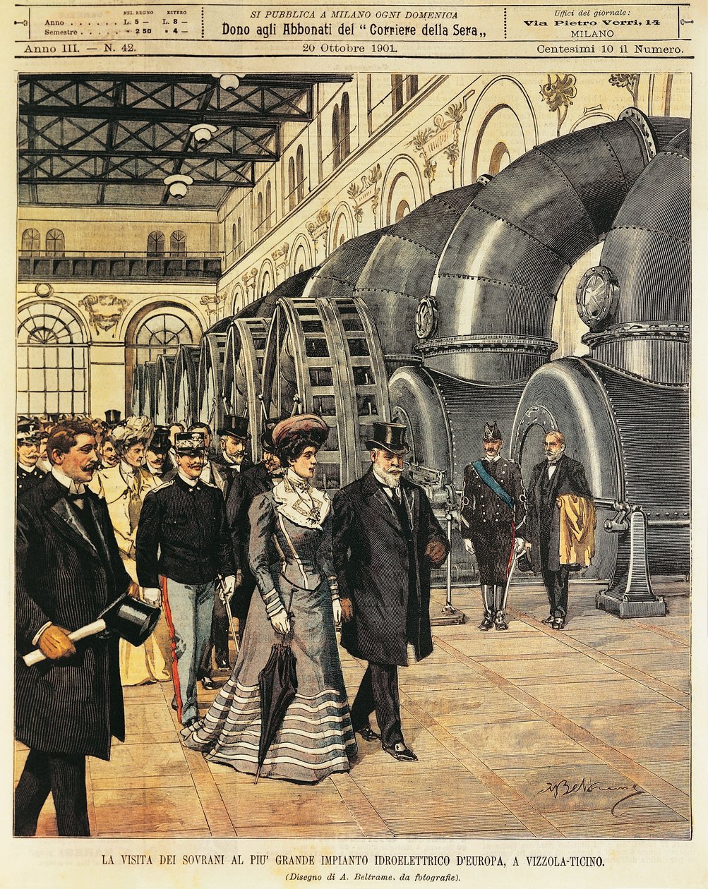 Kuninkaalliset vierailevat Euroopan suurimmassa vesivoimalassa Vizzola Ticinossa (Italia), kirjoittanut Achille Beltrame (1871-1945), La Domenica del Corrieresta, 20. lokakuuta 1901 tekijältä Achille Beltrame