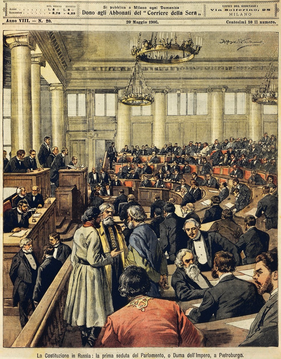Venäjän perustuslaki: Pietarin parlamentin ensimmäinen kokous, Achille Beltrame (1871-1945), La Domenica del Corriere, 20. toukokuuta 1906 tekijältä Achille Beltrame