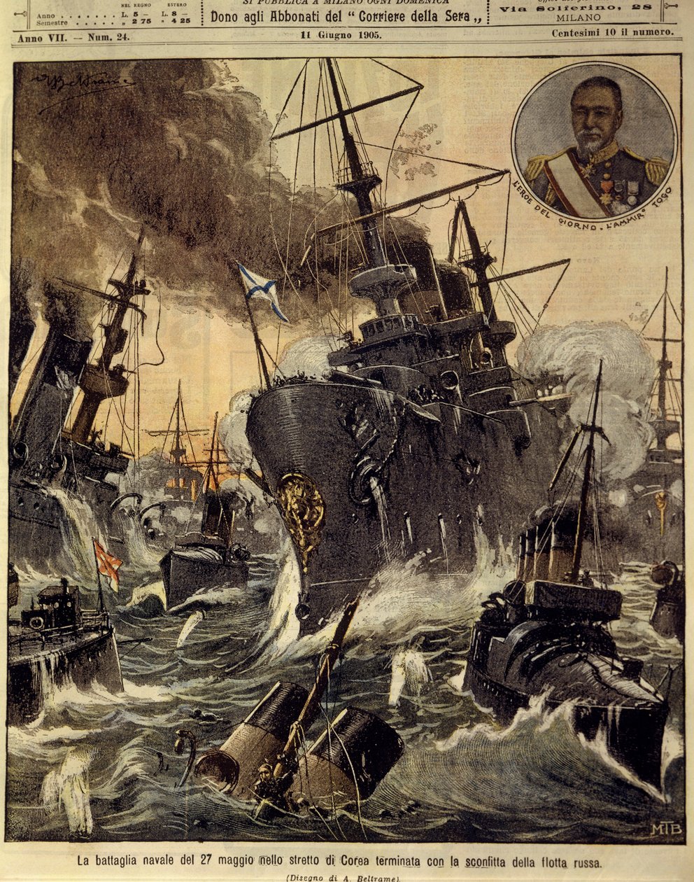 Venäjän ja Japanin sota (1904-1905), meritaistelu Korean salmessa, joka päättyi Venäjän laivaston tappioon, 11. kesäkuuta tekijältä Achille Beltrame