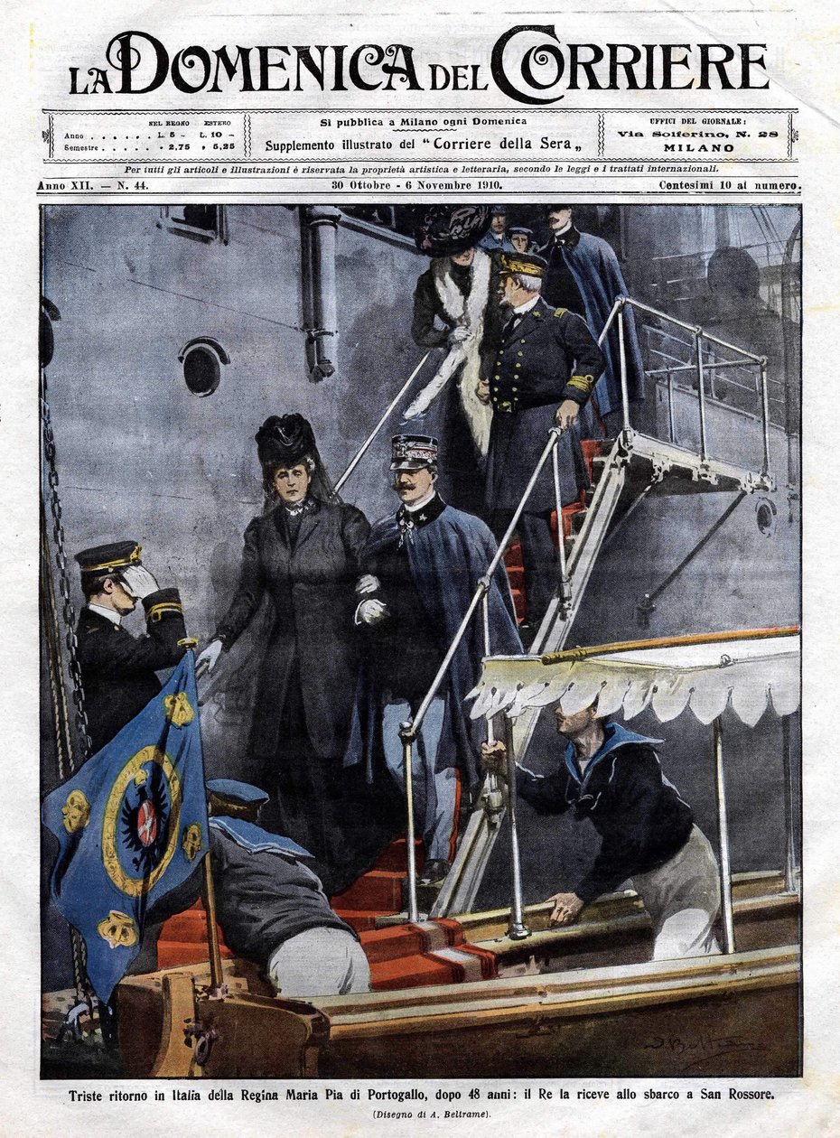 Portugalin kuningatar Maria Pian surullinen paluu Italiaan 48 vuoden jälkeen: Italian kuningas Victor Emmanuel III (Victor-Emmanuel) (Vittorio Emanuele) vastaanotti sen San Rossoressa Toscanassa. Kuva Beltramesta. La Domenica del Corriere. 11.6.1910. tekijältä Achille Beltrame