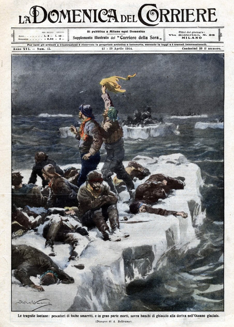 Hylkeenkalastajat, joista osa kuoli, jäivät jumiin valtameren ajelehtivalla jäällä. Ill. de Beltrame. "" La Domenica del corriere"". 12-19.4.1914. tekijältä Achille Beltrame