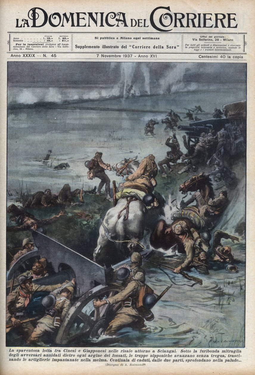 Toinen Kiinan ja Japanin sota (1937-1945): yhteenotot riisipelloilla lähellä Shanghaita. Achille Beltramen kuvitus teoksesta "La domenica del corriere" 7.11.1937. tekijältä Achille Beltrame