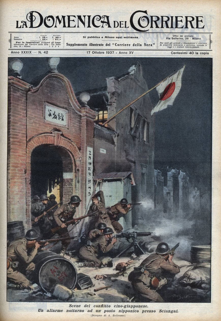 Toinen Kiinan ja Japanin sota (1937-1945): yhteenotot lähellä Shanghaita. Achille Beltramen kuvitus teoksesta "La domenica del corriere" 17.10.1937. tekijältä Achille Beltrame