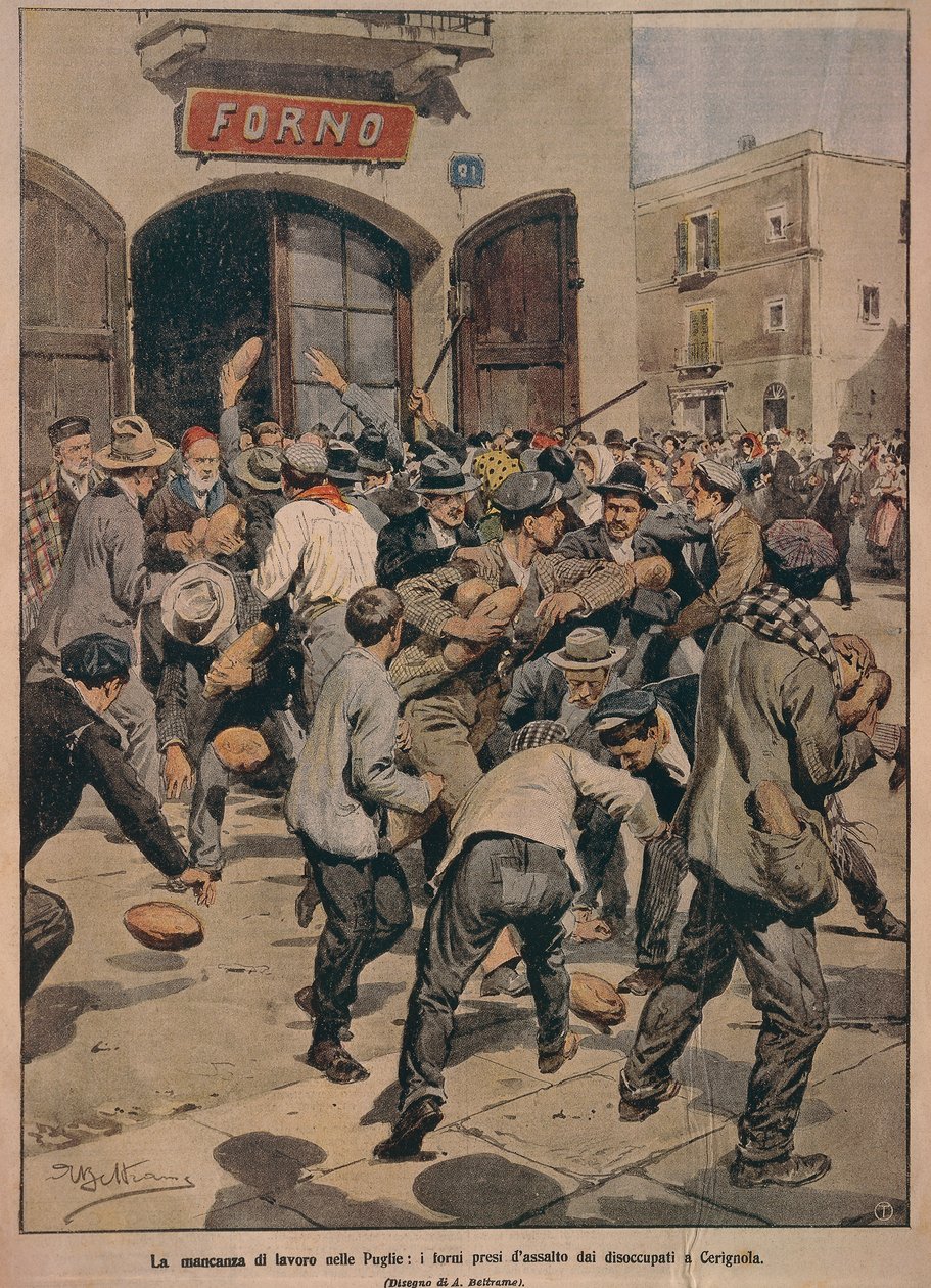 Vakava työpula Apuliassa, Cerignolan työttömät ryöstivät uuneja, Achille Beltrame, kuvitus, kuvittaja Achille Beltrame (1871-1945), La Domenica del Corrieresta, 20. joulukuuta 1908 tekijältä Achille Beltrame