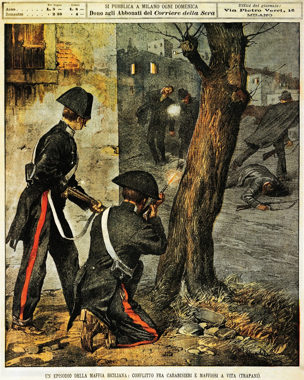 Sisilian mafiatapahtuma, Taistelu karabinierien ja mafian gangsterien välillä Trapanissa, kirjoittanut Achille Beltrame, kuvitus, kuvittaja Achille Beltrame (1871-1945), La Domenica del Corrieresta, 31. joulukuuta 1899 tekijältä Achille Beltrame