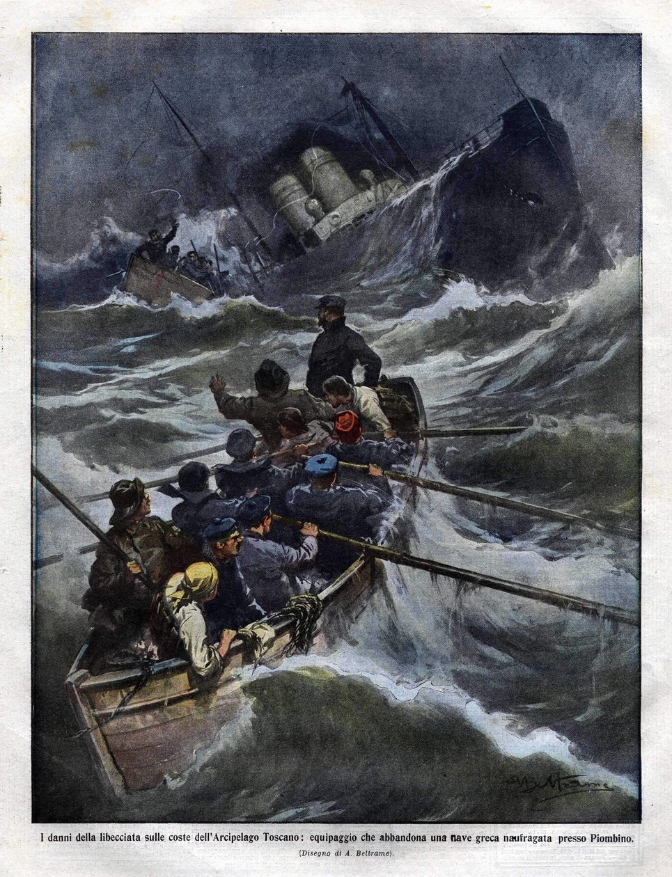 Italialaisen veneen uppoaminen Toscanan edustalla vuonna 1910. kuvitus: Achilles Beltrame tekijältä Achille Beltrame