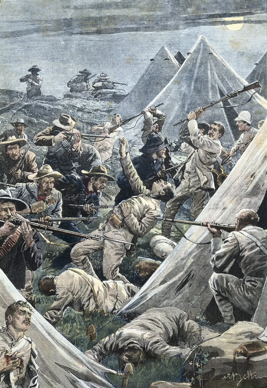Etelä-Afrikka. Toinen buurien sota. Hyökkäys englantilaiseen Tweefonteinin leiriin (1902). Kuvitus Achille Beltrame. Kaiverrus. tekijältä Achille Beltrame