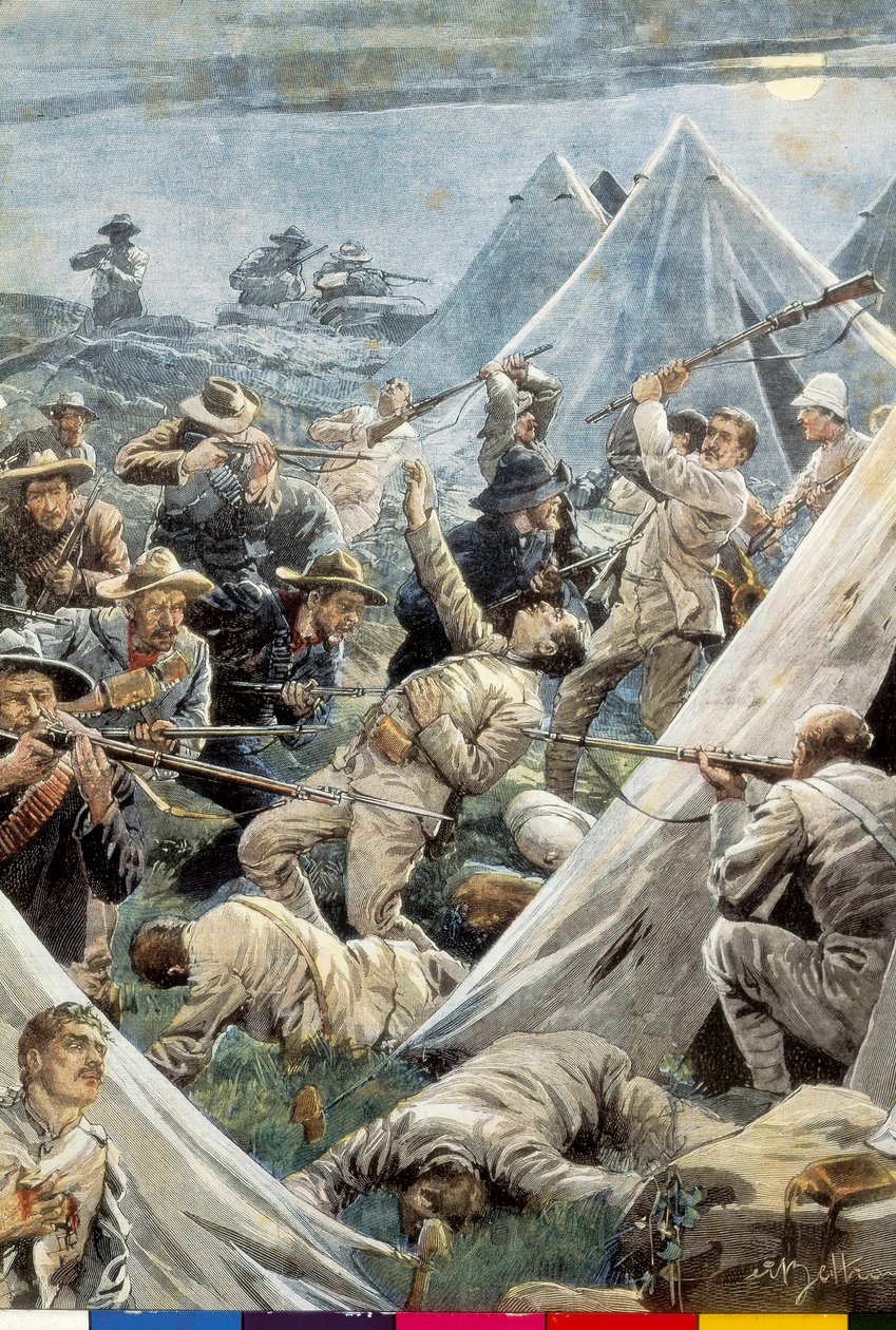 Etelä-Afrikka. Toinen buurien sota. Hyökkäys englantilaiseen Tweefonteinin leiriin (1902). Kuvitus: Achille Beltrame. Kaiverrus. tekijältä Achille Beltrame