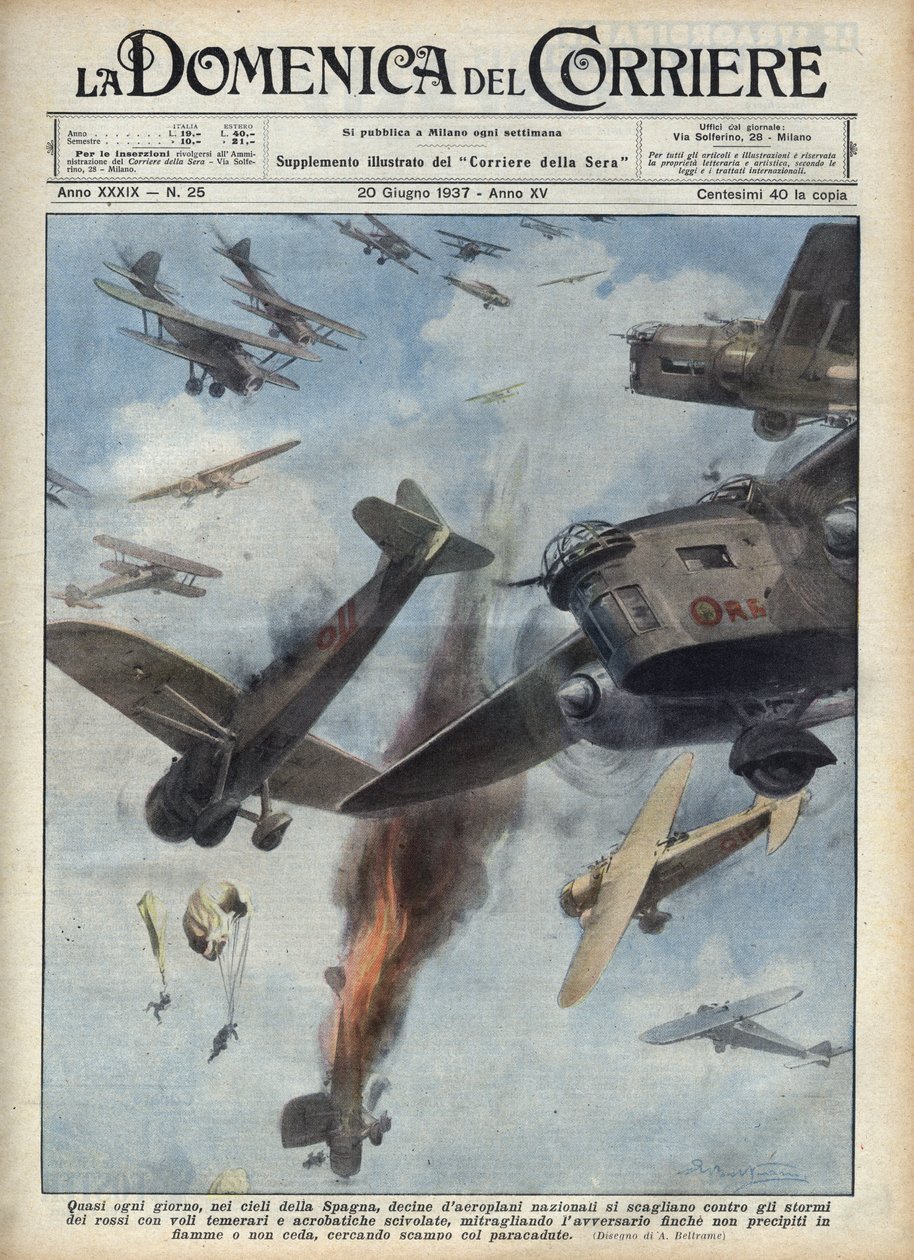 Espanjan sisällissota: Republikaanien ja kansallismielisten lentokoneiden väliset yhteenotot Espanjan yllä sodassa. Kuva Achille Beltramesta elokuvassa "La domenica del Corriere" 20.6.1937. tekijältä Achille Beltrame