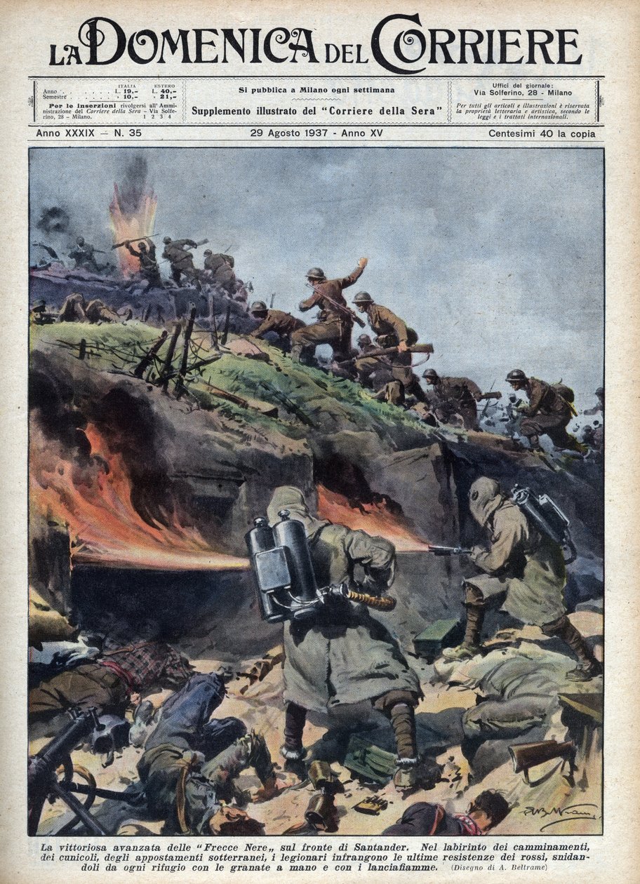 Espanjan sisällissota: "Frecce nere" -prikaatien hyökkäys Santanderin rintamalla. Achille Beltramen kuvitus teoksesta "La domenica del corriere" 29.8.1937. tekijältä Achille Beltrame
