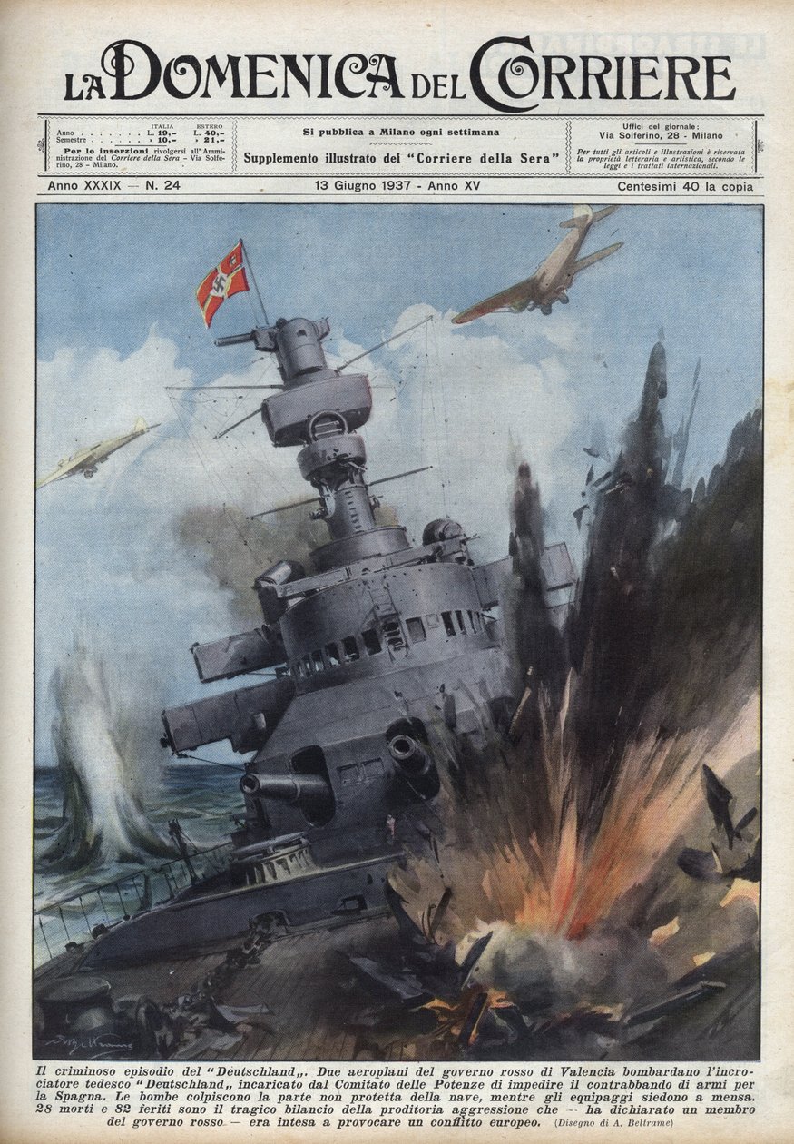 Espanjan sisällissota: Republikaanien hallituksen kaksi lentokonetta Valenciassa pommittivat saksalaista risteilijää Deutschlandia estääkseen asekaupan Espanjaan. Kuva Achille Beltramesta elokuvassa "La domenica del Corriere" 13.6.1937. tekijältä Achille Beltrame