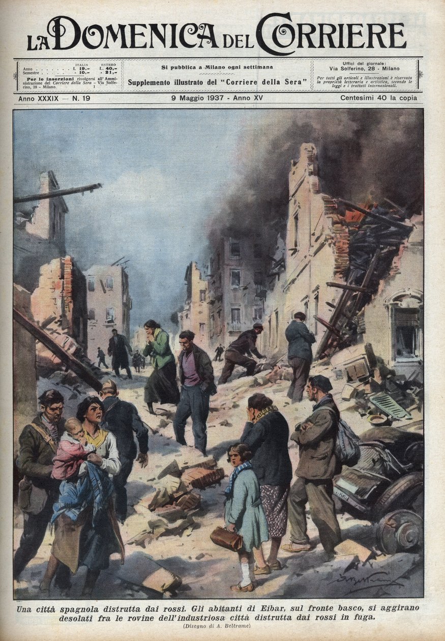 Espanjan sisällissota: näkymä Eibarin kaupungin raunioihin Baskimaassa punaisen tuhoamassa. Kuva Achille Beltramesta elokuvassa "La domenica del Corriere" 5.9.1937. tekijältä Achille Beltrame
