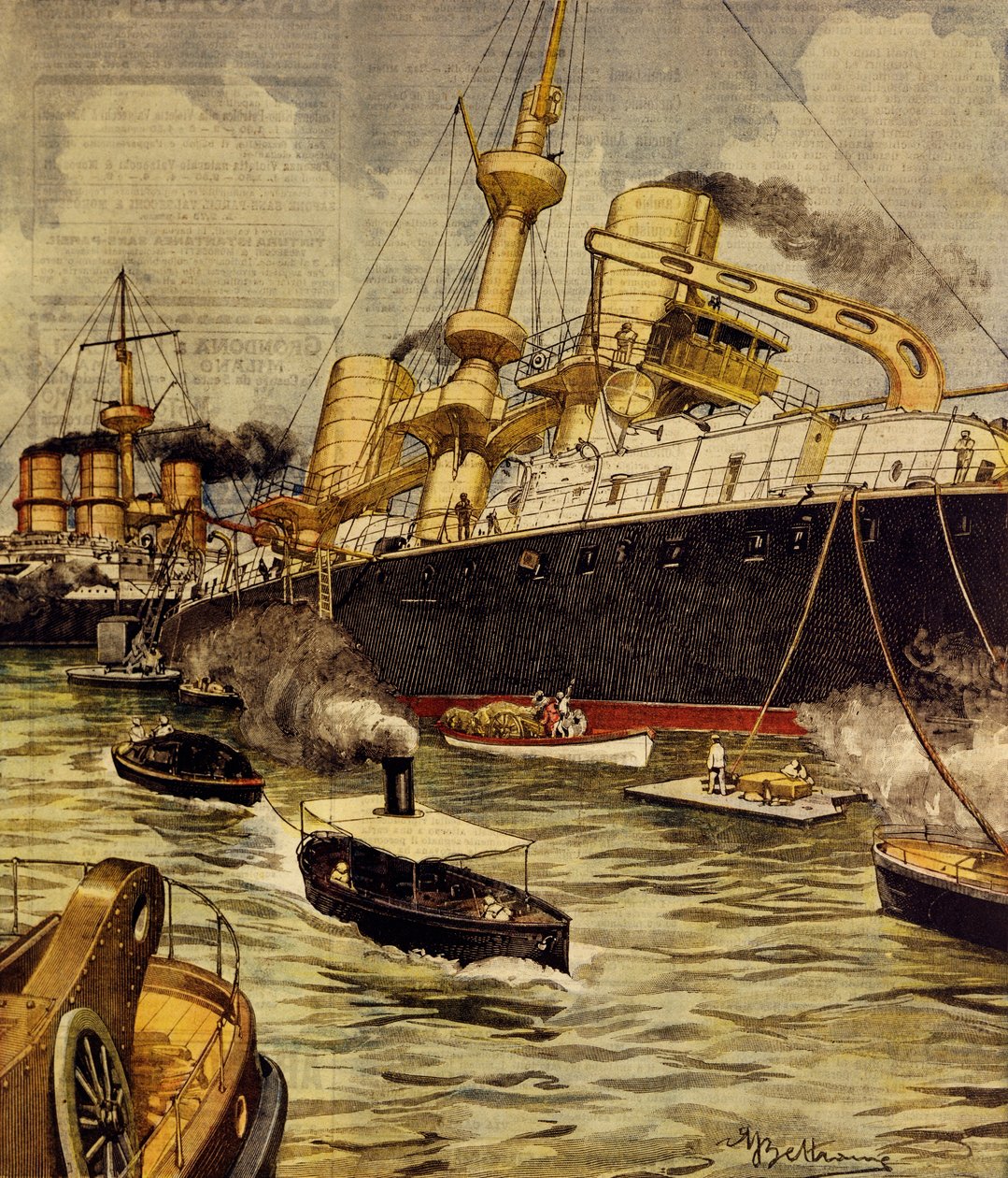 Andrea Doria -taistelulaiva ajautui karille lähellä Gallipolia, Achille Beltrame (1871-1945) La Domenica del Corrieresta tekijältä Achille Beltrame