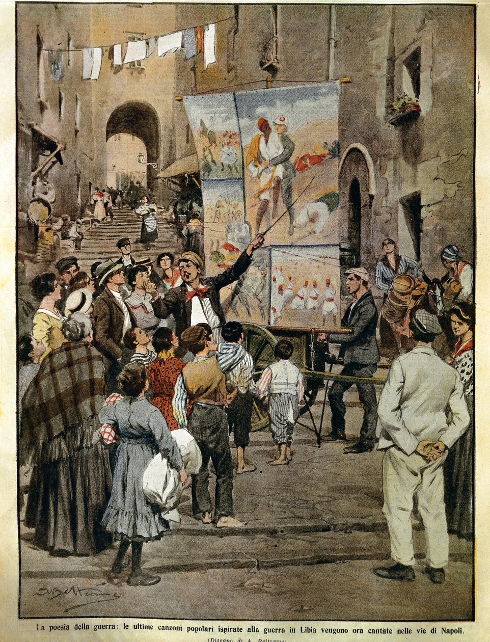 Domenica del Corriere (italialainen sunnuntaisanomalehti) 8. joulukuuta 1910, Libyan sodan inspiroimia kansanlauluja balladilaulajien laulamassa Napolissa, Achille Beltrame, kuvitus tekijältä Achille Beltrame