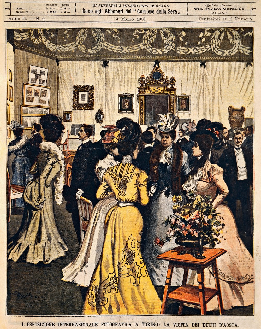 Aostan herttuat osallistumassa kansainväliseen valokuvanäyttelyyn Torinossa, kirjoittanut Achille Beltrame (1871-1945), La Domenica del Corrieresta, 4. maaliskuuta 1900 tekijältä Achille Beltrame