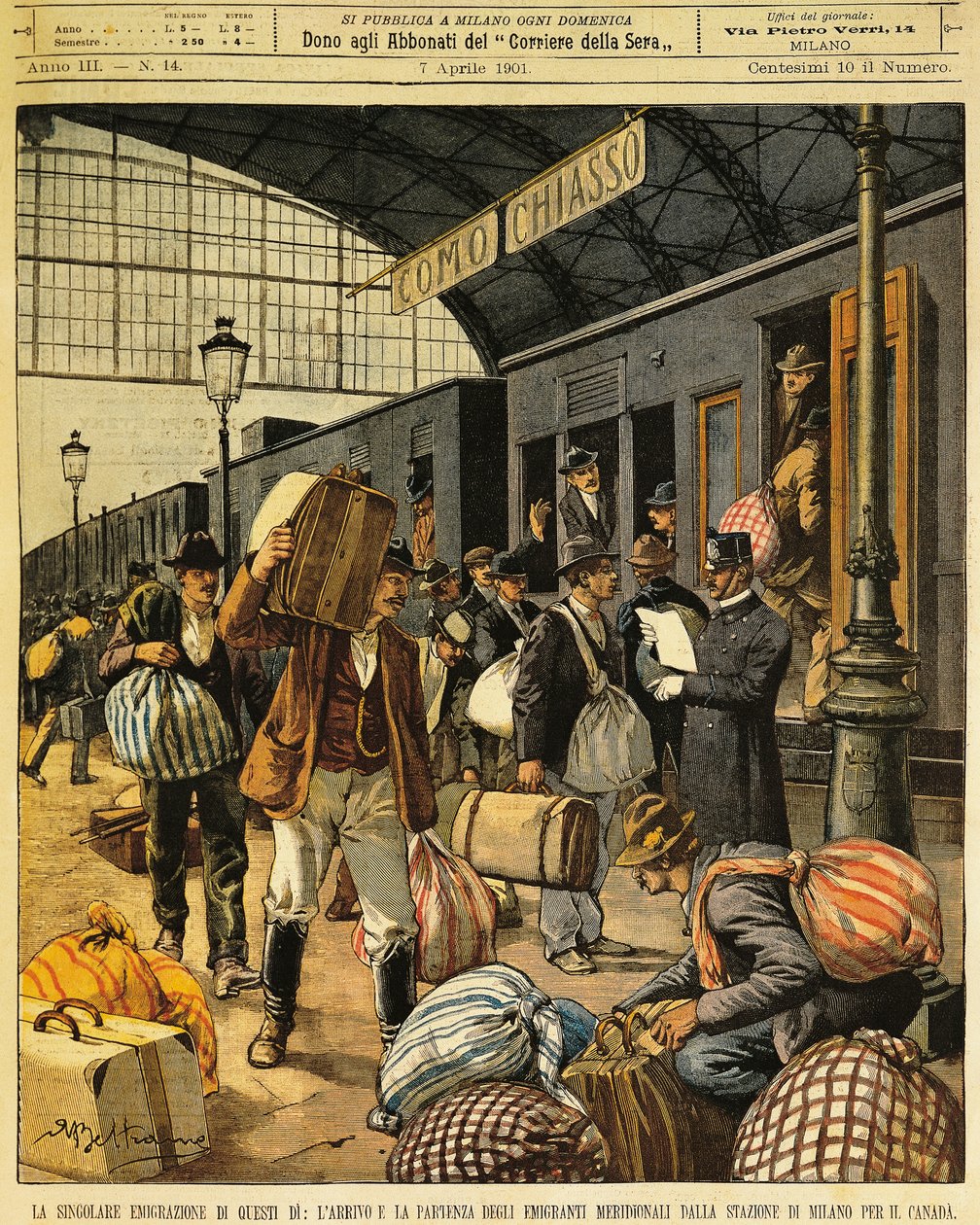 Suuri siirtolaisuus: Etelä-Italialaisten siirtolaisten saapuminen ja lähteminen Kanadaan, kirjoittanut Achille Beltrame (1871-1945), La Domenica del Corrieresta, 7. huhtikuuta 1901 tekijältä Achille Beltrame