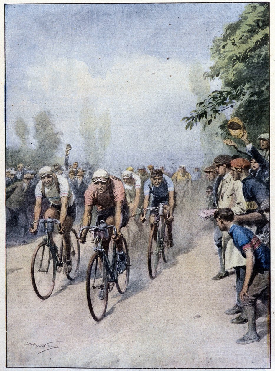 Italian Cycling Tour Guerran ja Bindan kanssa - piirros A. Beltrame, "La Domenica del Corriere" 1. helmikuuta tekijältä Achille Beltrame