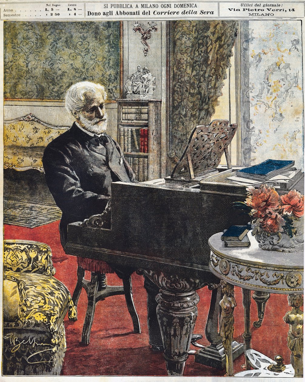 Italialainen säveltäjä Giuseppe Verdi työhuoneessaan, levy Achille Beltrame (1871-1945), La Domenica del Corriere, 8. lokakuuta tekijältä Achille Beltrame