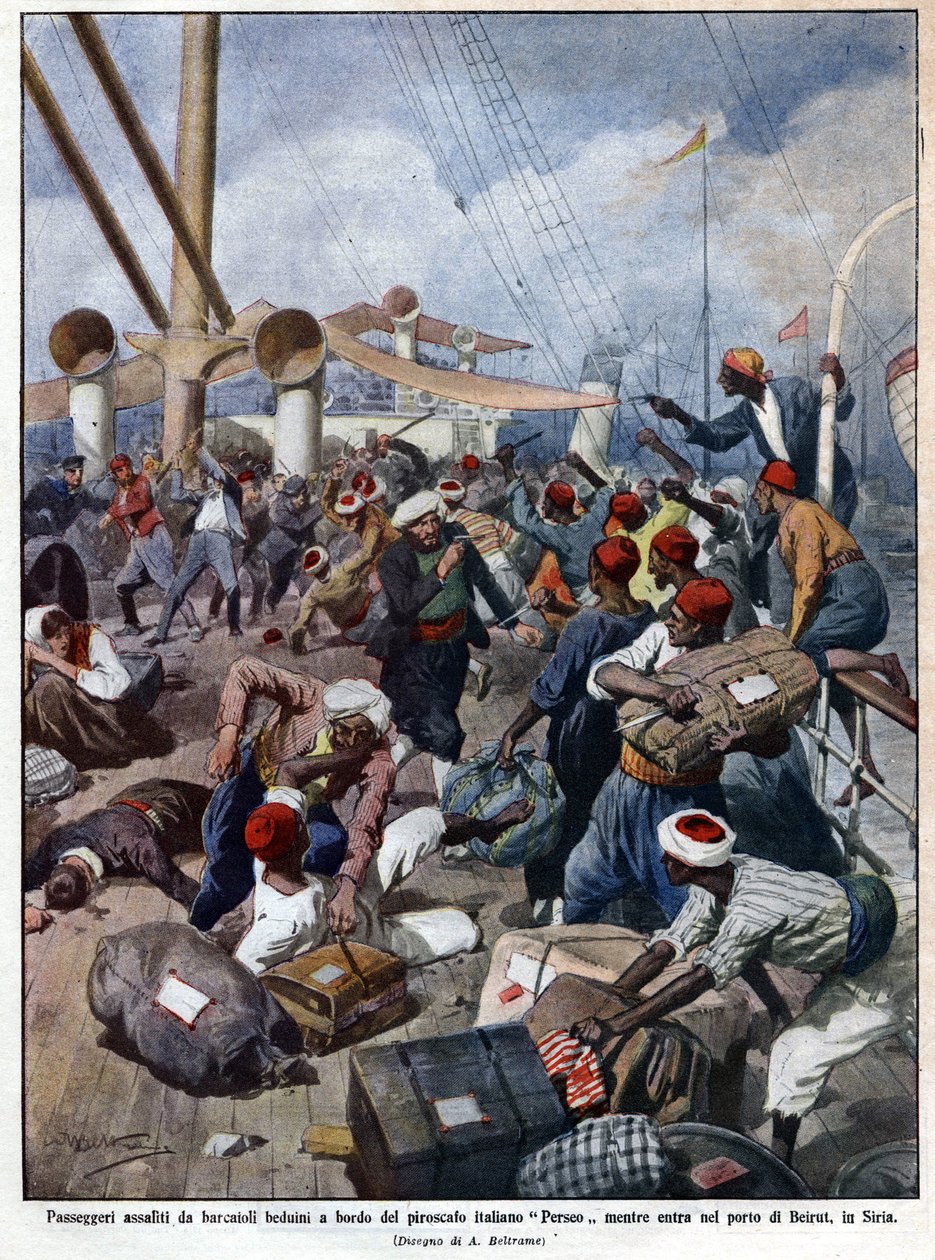 Merirosvot hyökkäävät italialaiseen linja-alukseen "Perseo" saapuessaan Beirutin satamaan Syyriassa - "La Domenica del Corrieressa"" 07/1913. Kuva Beltramesta. tekijältä Achille Beltrame